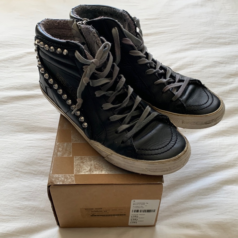 Golden Goose Slide Black Leather Studs